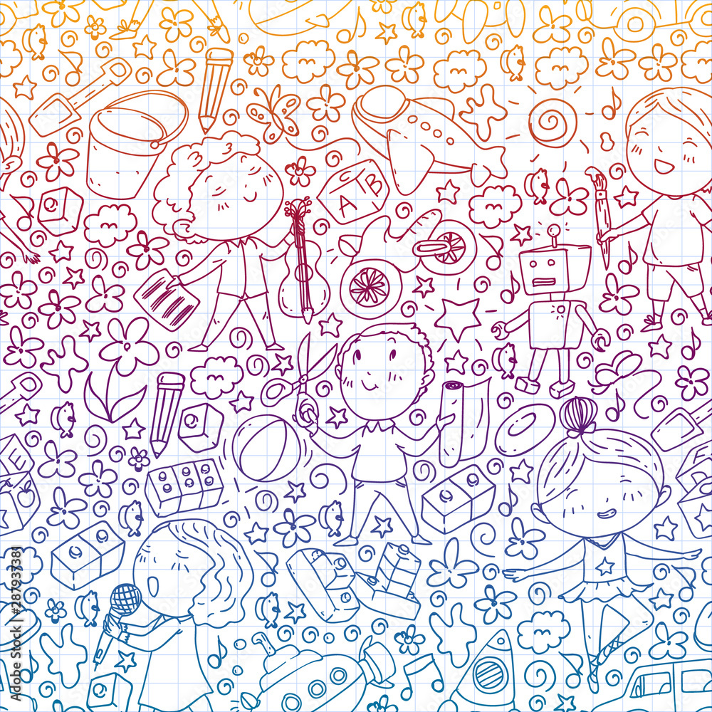 Painted by hand style pattern on the theme of childhood. Vector illustration for children design. Drawing by pen on squared notebook.