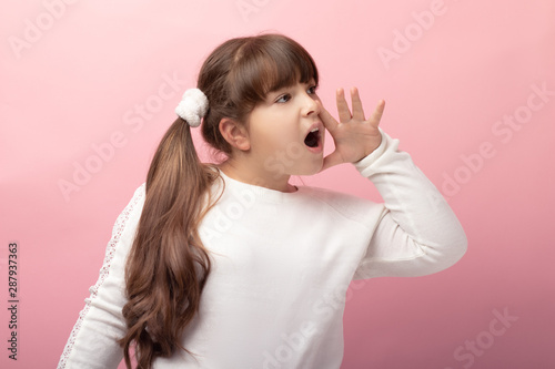 Profile side view photos of cute fun content lady to share personal information news a promotional the future promoter of the high-profile announcement. pink background, schoolgirl in white sweater