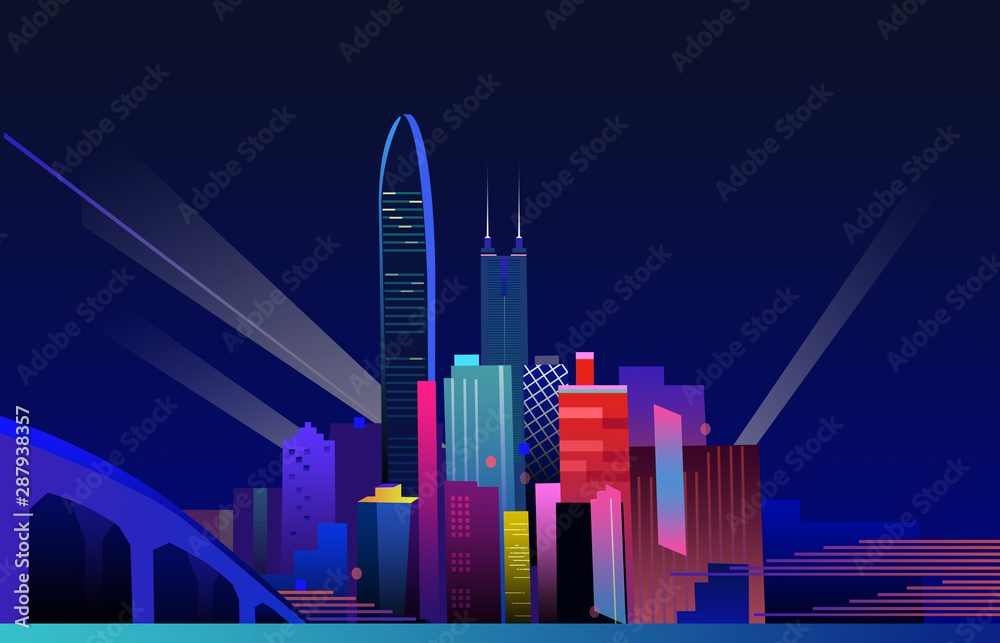 City, City, Shenzhen, Architecture, Nightscape, Tourism, Developed, Prosperous, Rich and Strong, Economy, Night, Illustration,