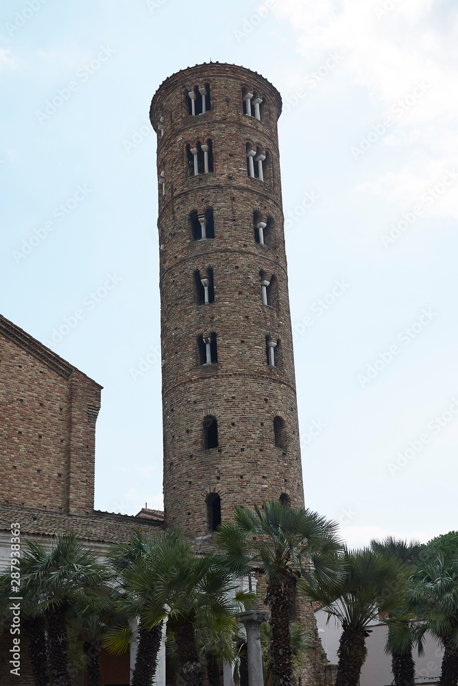 Ravenna, Italy - August 14, 2019 : View of Santa Apollinare Nuovo basilica and bell tower
