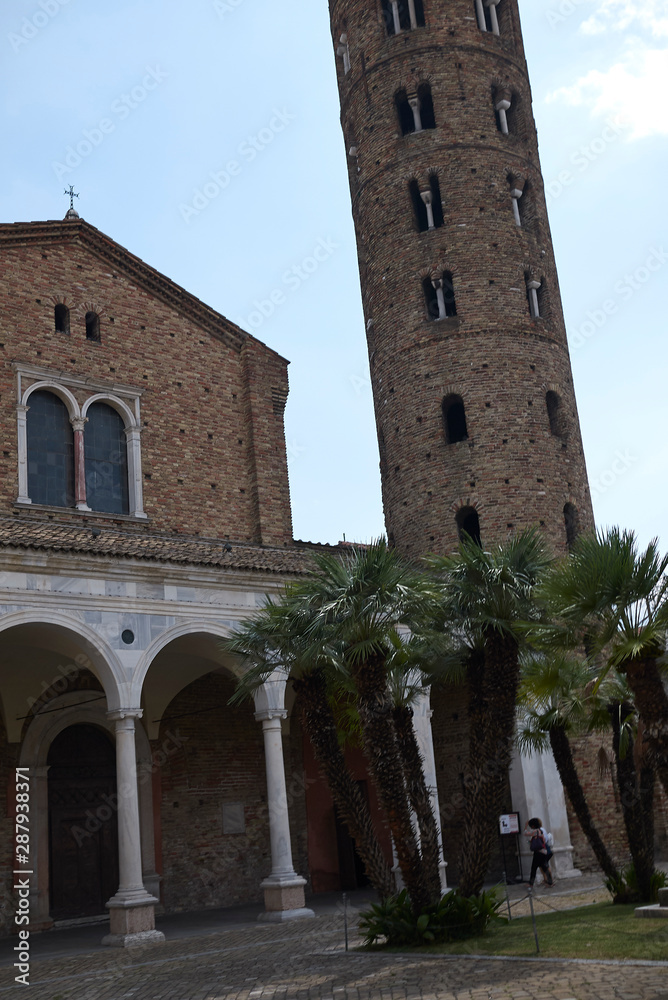 Ravenna, Italy - August 14, 2019 : View of Santa Apollinare Nuovo basilica and bell tower