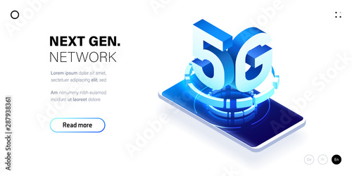 5G network wireless technology illustration. Mobile internet of next generation. Isometric futuristic hi-tech smartphone with big letters. Web page design template