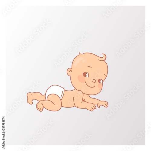 Cute little baby boy or girl in diaper lying on his stomach. 