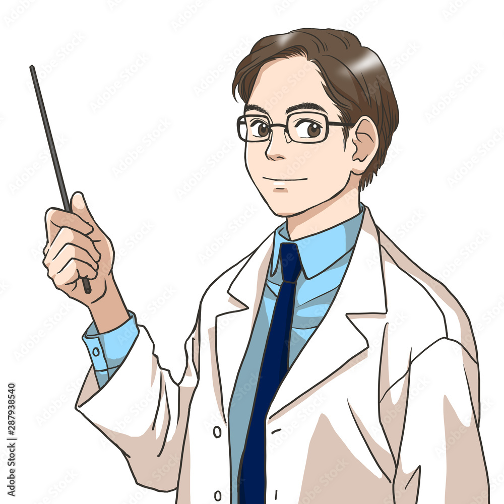 A young man in white coat explaining somthing A young man in white coat explaining somthing