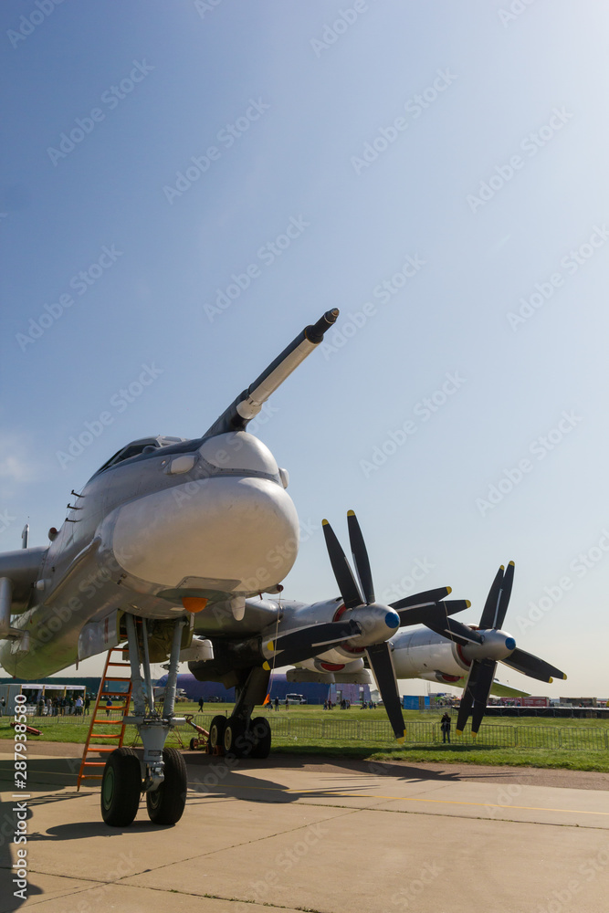Fototapeta premium A big airplane with two big valves on each side - outdoors