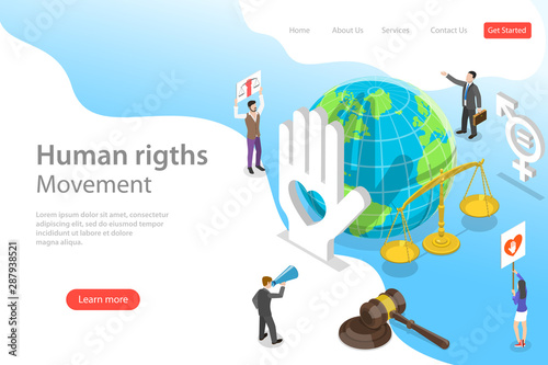 Isometric flat vector landing page template of civil and human rights, volunteers movement, fight against discrimination.