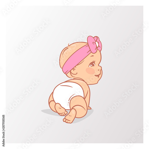 Cute little baby girl in diaper crawling.