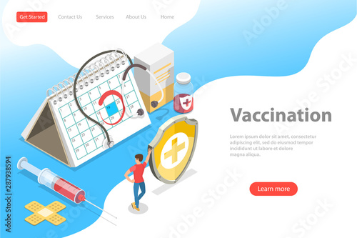Isometric flat vector landing page template of vaccination campaign and healthcare, medical immunization.