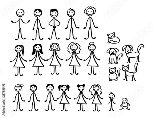 Set of happy cartoon doodle figure family, stick man. Stickman Illustration Featuring a Mother and Father and Kids. Vector Illustration, set of family in stick figures. Hand Drawn.