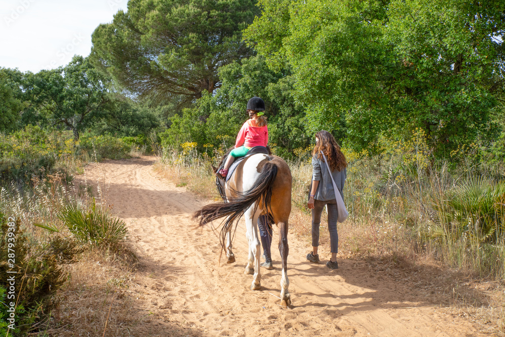 view from behind of four years old blonde girl, with equestrian cap, riding a horse next to her mother walking on track in a forest view from behind of four years old blonde girl, with equestrian cap, riding a horse next to her mother walking on track in a forest