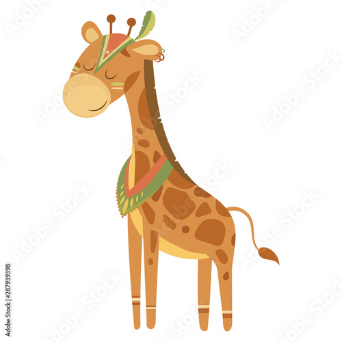 Cartoon giraffe indian. Vector illustration of a cute giraffe in a headdress with feathers. Drawing animal for children. Zoo for kids.
