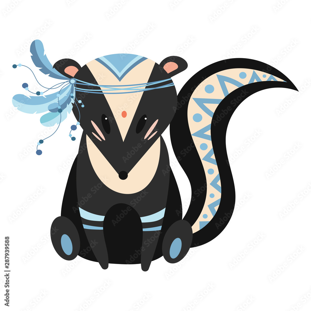Cartoon skunk indian. Vector illustration of a cute skunk in a headdress  with feathers. Drawing animal for children. Zoo for kids. Stock Vector |  Adobe Stock