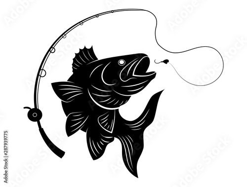 Fishing logo. Black and white illustration of a fish hunting for bait. Predatory fish on the hook. Fishing on the rod. Tattoo. photo