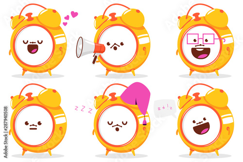 Cute clock cartoon characters vector set isolated on a white background.