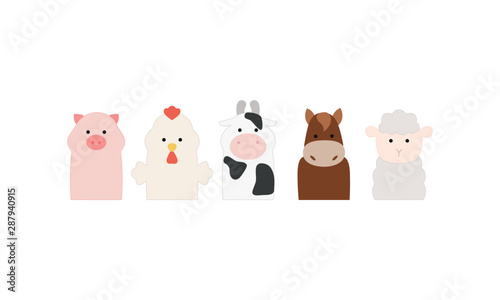 Set of farm animals, pig, cock, cow, horse, sheep, finger puppets, flat design