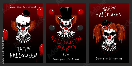 Set of vector illustrations with clowns for Halloween. Evil clowns. Design elements for cards, flyers, banners, invitations, posters, posters.
