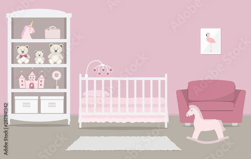 Kid's room for a newborn baby. Interior bedroom for a baby girl in a pink color. There is a cot, a wardrobe with toys, armchair, a rocking horse and other things in the picture. Vector illustration