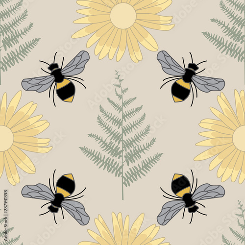 Vector Bees Ferns Yellow Flowers on Beige Brown Seamless Repeat Pattern © Julia