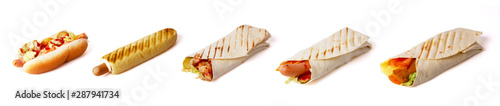Group of five different hot dogs isolated on white background