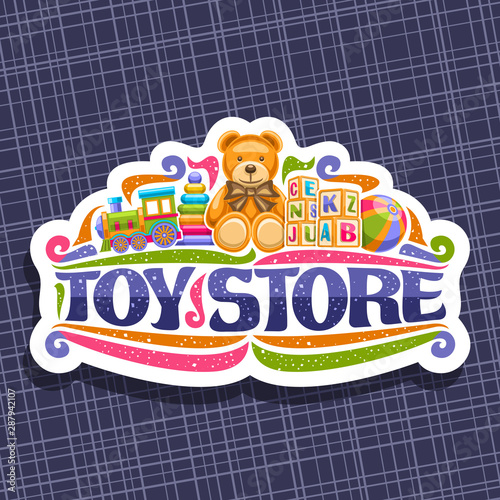Vector logo for Toy Store, decorative cut paper signboard with illustration of steam train, inflatable ball, soft teddy bear, plastic pyramid, wooden kids cubes, original typeface for words toy store.