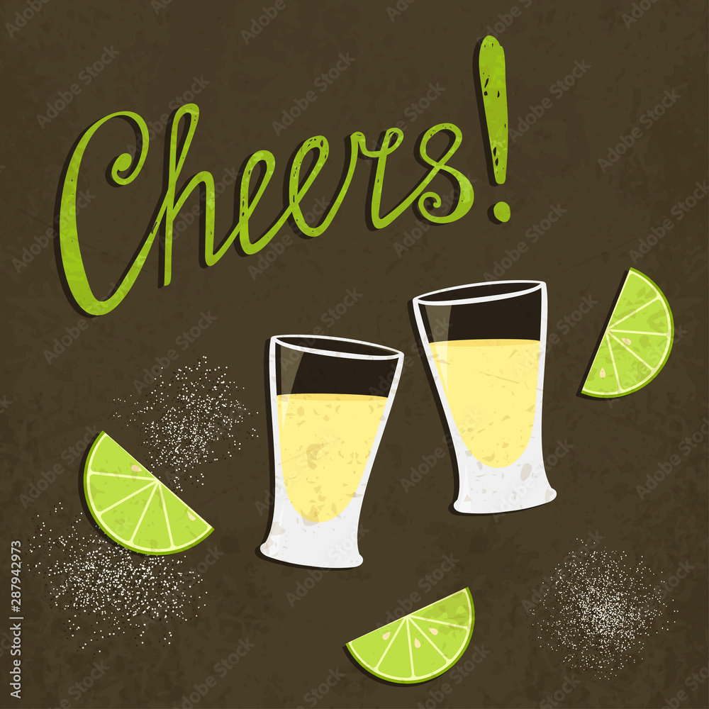 Vector toasting tequila shots with slices of lime and salt. Retro style  poster. Vintage illustration of tequila glasses and hand written text sign " Cheers!" for cards, prints and your own projects. Stock