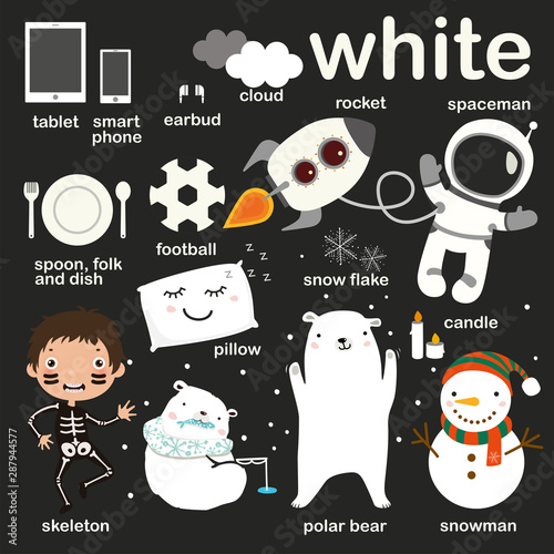 Learn white color, Educate color and vocabulary set, Illustration of primary colors, Vector illustration