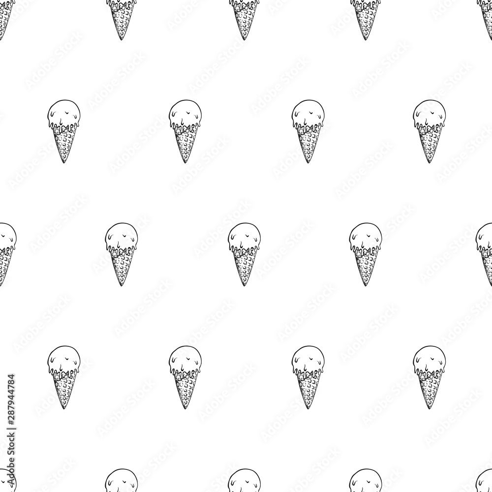 Ice cream waffle cones - vector seamless pattern. Fun cartoon illustration black contour on white background. Ice cream waffle cones - vector seamless pattern. Fun cartoon illustration black contour on white background.