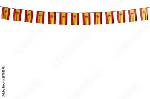 wonderful many Spain flags or banners hanging on string isolated on white - any holiday flag 3d illustration..