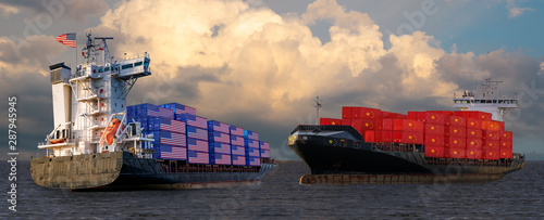Photography Ships with US and Chinese containers passing on rough seas