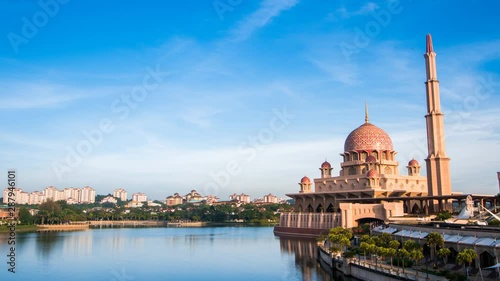 Time-lapse Putra Mosque or pink masjid in Putrajaya, Malaysia. PR, Panning Right, Panning.