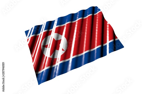 nice feast flag 3d illustration. - shining flag of North Korea with big folds lying flat isolated on white, perspective view