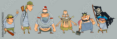 cartoon men pirates in a variety of clothes and with different emotions
