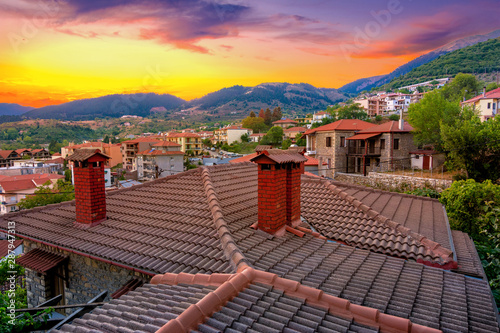 Scenic city view at mountain village of Karpenisi at sunset, Evritania, Greece