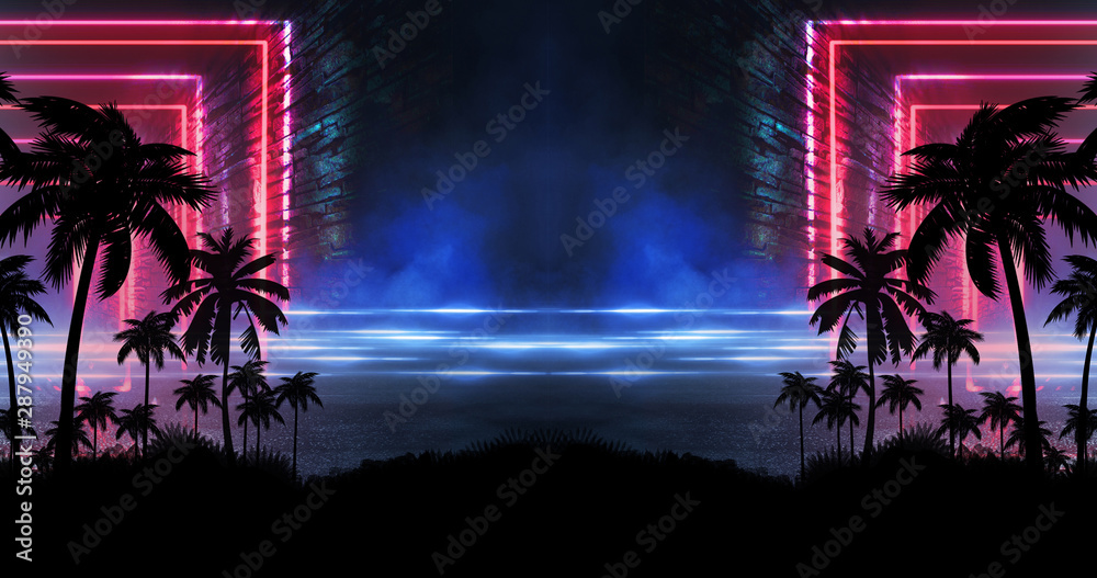 Fototapeta premium Night landscape with palm trees, against the backdrop of a neon sunset, stars. Silhouette coconut palm trees on beach at sunset. Vintage tone. Space futuristic landscape. Neon palm tree