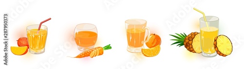Vector set with different shapes glassware of peach, carrot, mango, pineapple juices, nectars, saps, syrups. Yellow and orange fruit, vegetable drinks giving summer, joyful, sunny emotions. Cartoon.