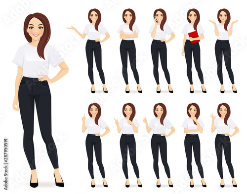 Premium Vector | Woman in jeans standing in different poses isolated