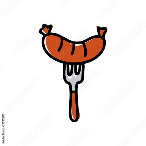 Vector grilled sausage on fork icon for BBQ poster, barbecue party banner, logo, icon, summer print, Oktoberfest promo. Isolated on white. Flat style illustration for gastronomy concept