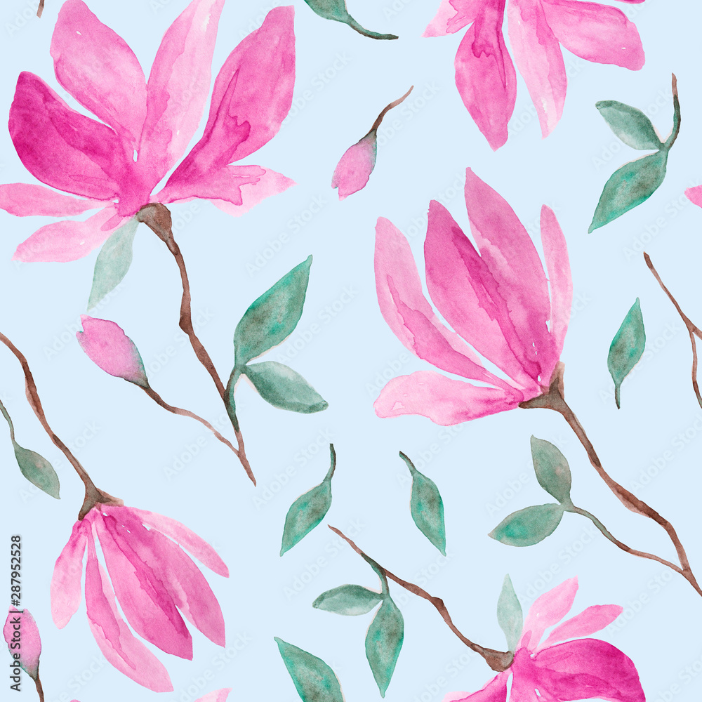 Fototapeta premium Pink magnolia flowers blossom watercolor painting - hand drawn seamless pattern on blue background