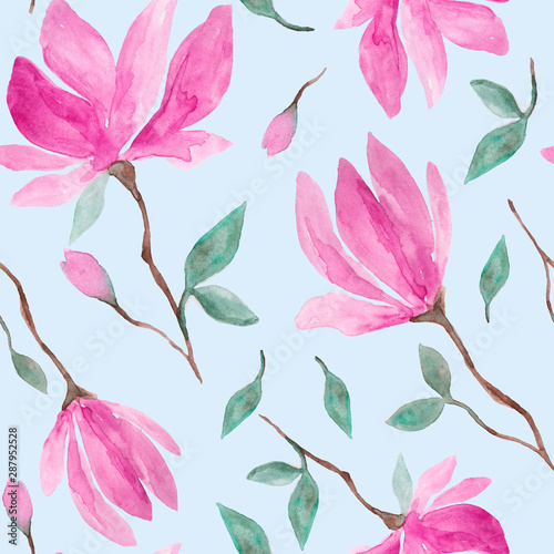 Pink magnolia flowers blossom watercolor painting - hand drawn seamless pattern on blue background