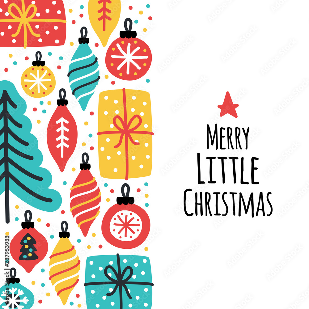 Cute Merry Little Christmas background with hand drawn Christmas tree, balls and present boxes