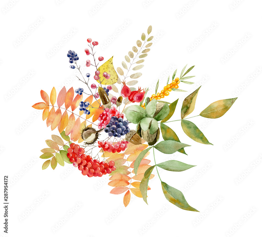 Obraz Akwarela ręcznie malowane jesień układ liści i owoców