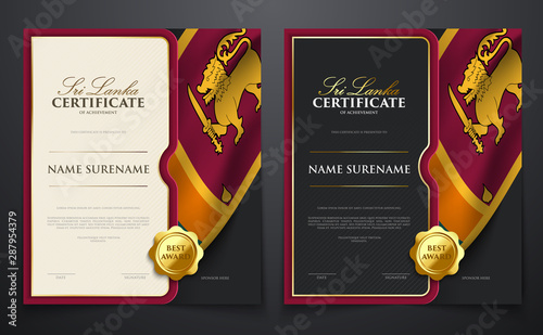 Set of patriotic achievement certificate with Sri lanka flag, luxury elegant gold style cover