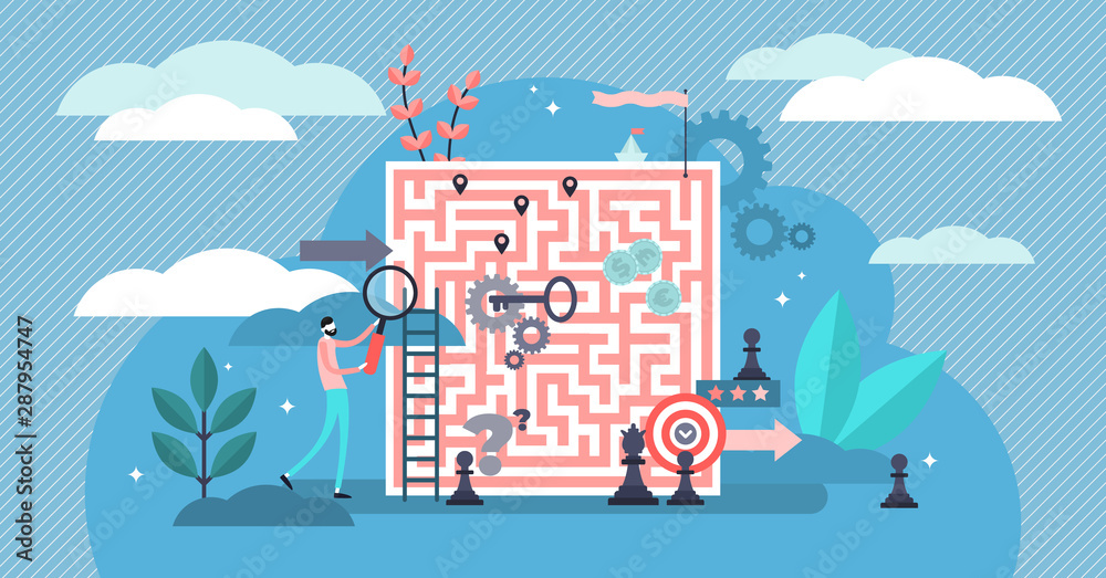 Fototapeta premium Problem solving vector illustration. Tiny solution finding persons concept.
