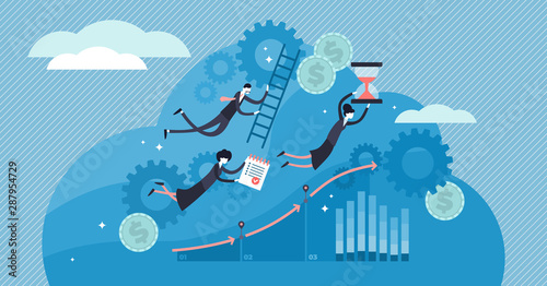 Work flow vector illustration. Flat tiny work organization persons concept.