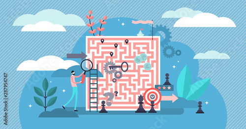 Problem solving vector illustration. Tiny solution finding persons concept.