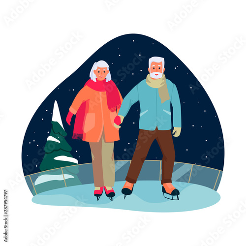 Elderly couple skate on ice rink. Vector flat cartoon illustration of winter outdoor leisure. Seniors active lifestyle