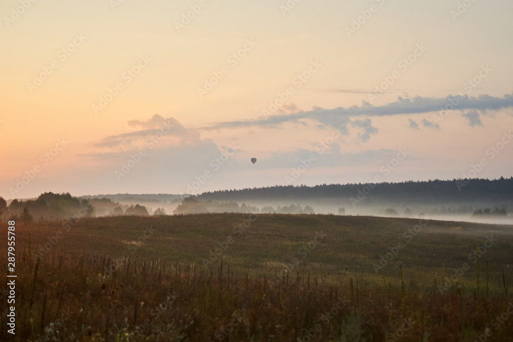 A field with dense fog that lies in a lowland.