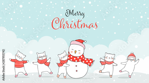 Draw banner cute cat with snowman for Christmas day.