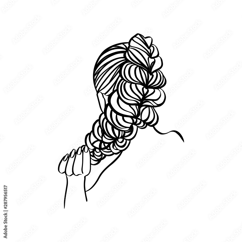 Women's hair Style braid And Hand Line. Vector Illustration in a
