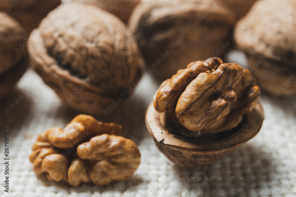 Walnuts on the burlap texture